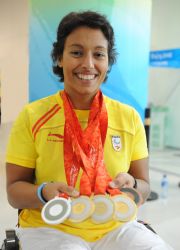 Teresa Perales con sus cinco medallas logradas en los Juegos Paralmpicos.